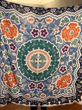 Blue and Orange Floral Mandala Birds Fringed  Scarf 58” square
